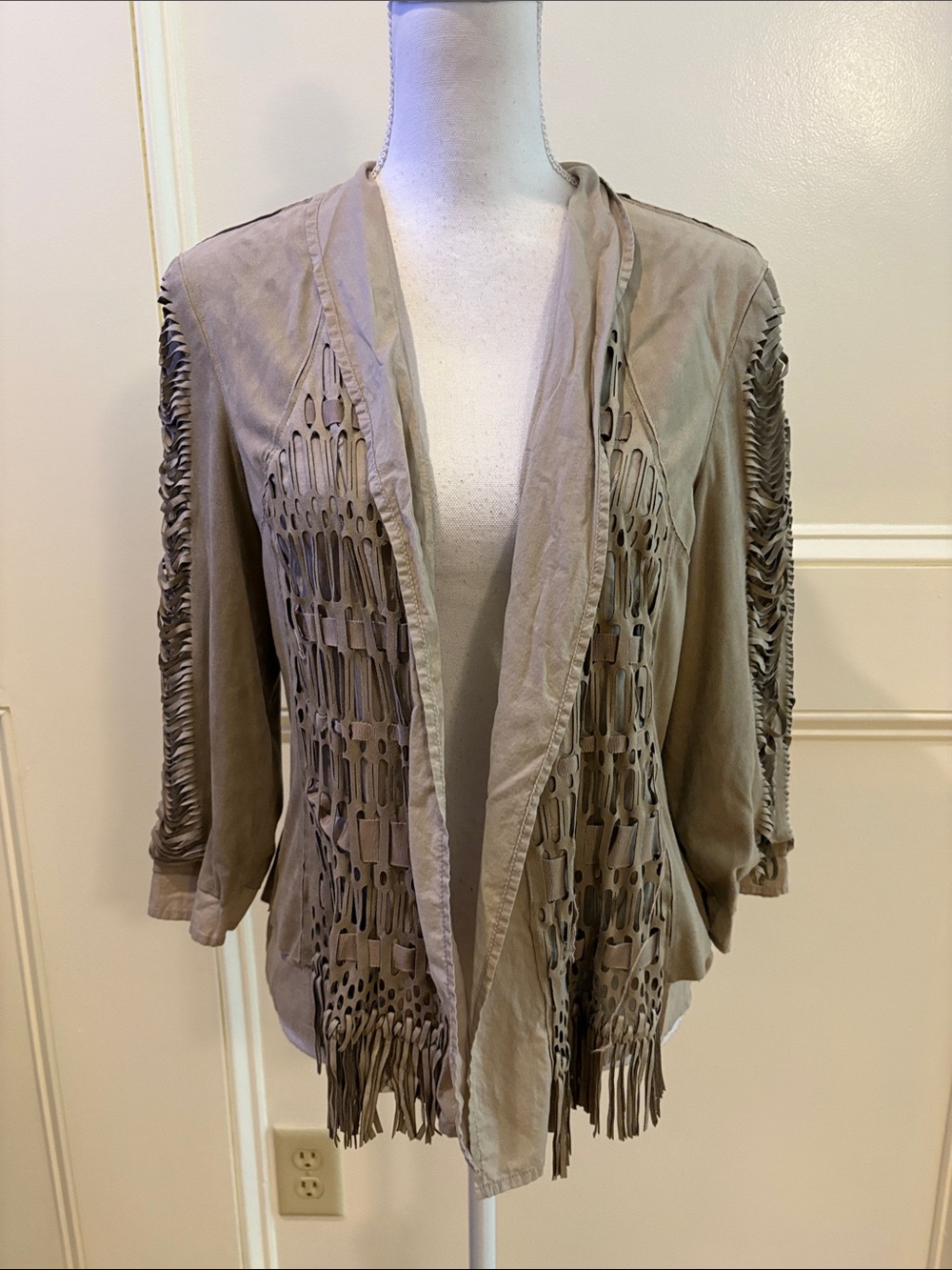 Chico's Taupe Cutout Fringe Open-Front Jacket